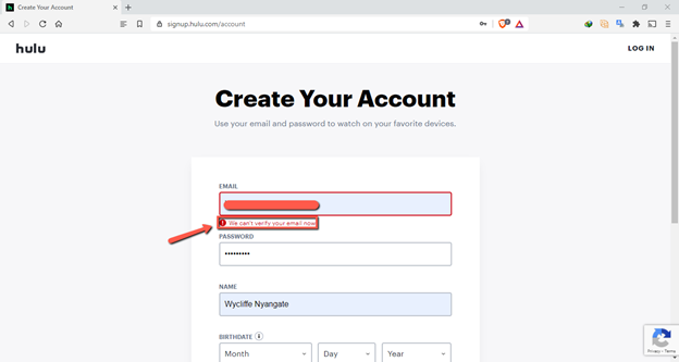 A screenshot of Hulu’s Sign Up page for a geoblocked user indicating the site can’t verify the email address