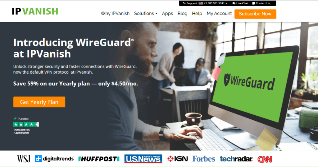 a screenshot of IPVanish’s home page on desktop featuring their use of WireGuard and a 59% savings in a yearly plan