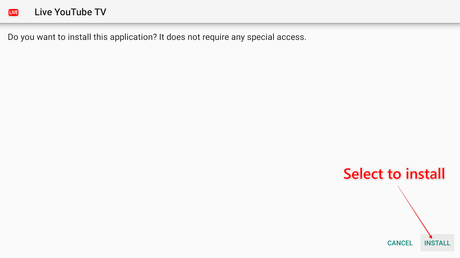 Install dialog for Live YouTube TV with the Install button indicated to be clicked