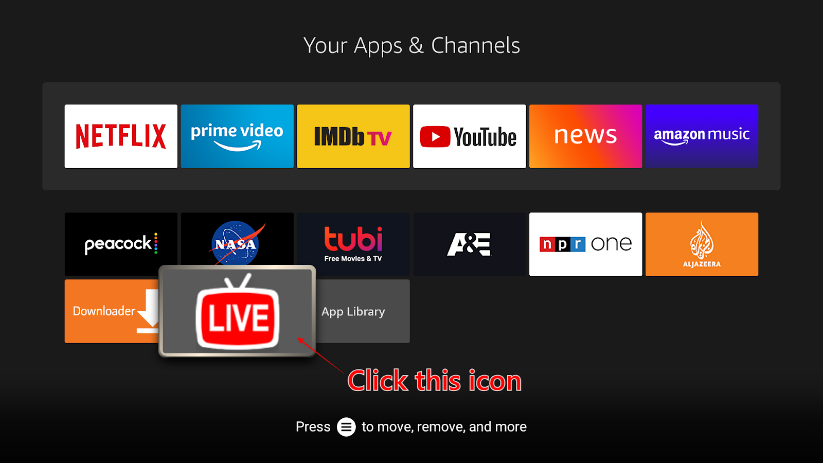 Live YouTube TV highlighted in the tile menu under Your Apps & Channels category