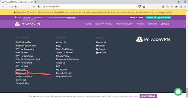 A screenshot of PrivateVPN’s home page with the Download clickable link highlighted