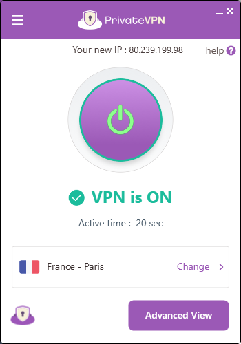 PrivateVPN’s home screen on mobile showing VPN as turned ON with the active IP address