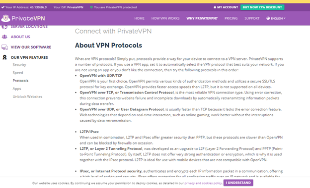 A screenshot of PrivateVPN’s page listing their available VPN protocols