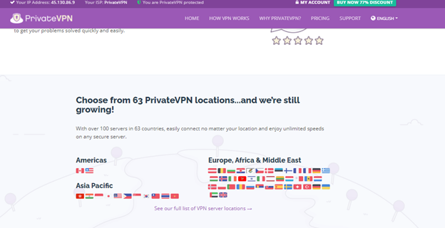 A screenshot of PrivateVPN’s page showing their claim of 63 server locations