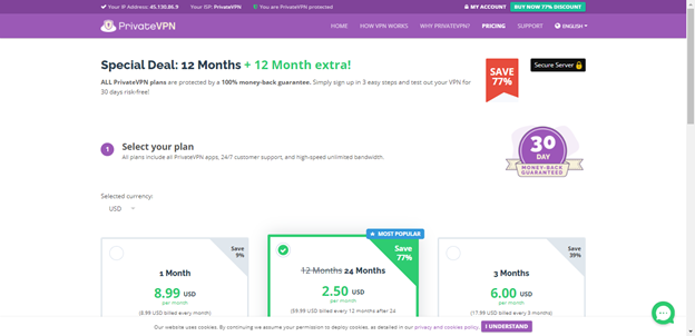 A screenshot of PrivateVPN’s pricing page with the 24-month plan highlighted as the most popular