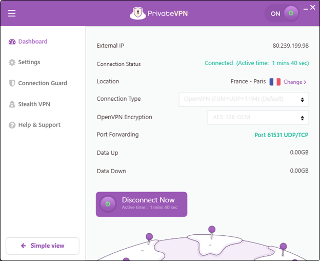 PrivateVPN’s ‘Advanced View’ screen showing various editable settings