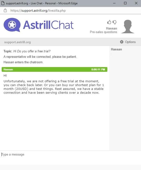 Screenshot of Astrill VPN chat window