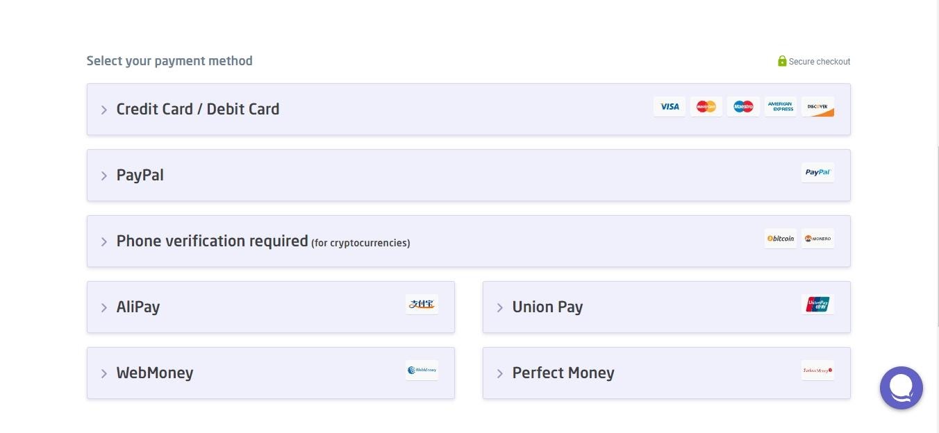 Screenshot of Astrill VPN checkout page, to choose a payment method