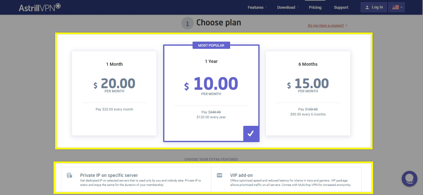 Screenshot of Astrill VPN pricing page and options to choose plan