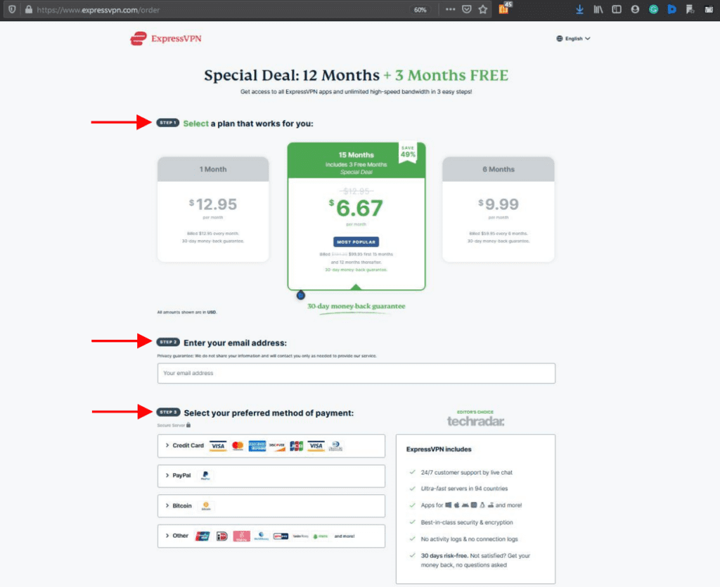 Screenshot of ExpressVPN signup page with subscription plans and payment options