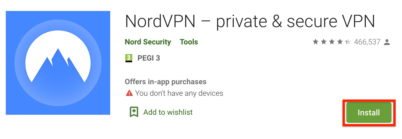 Screenshot of NordVPN the Android app on the Google Play Store