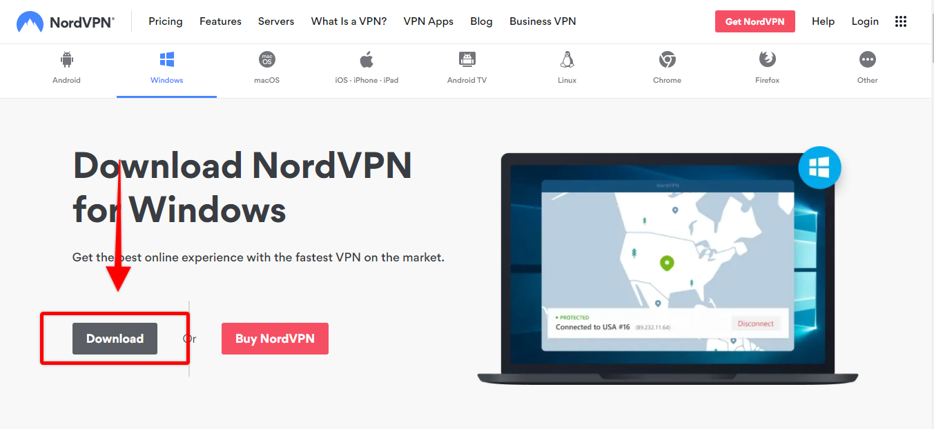 Screenshot of the “download” page of the NordVPN website with all of the different client apps for free