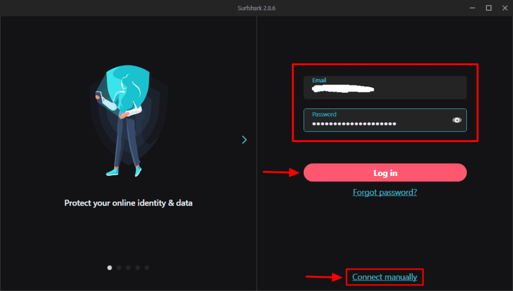 Surfshark app for window version, log in button and connect manually button highlighted