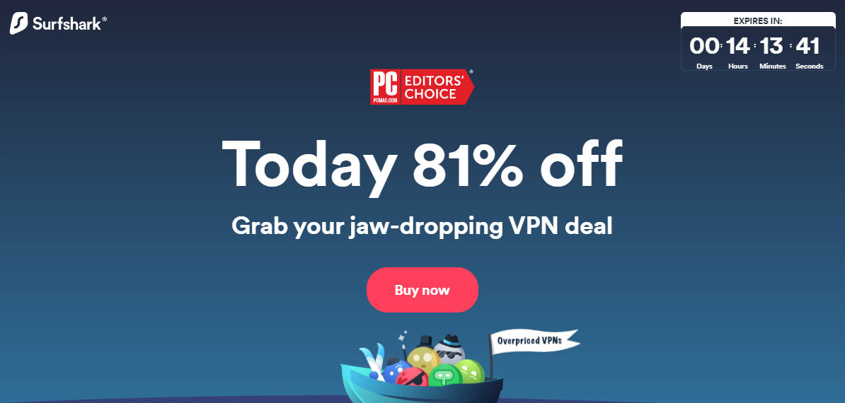 a screenshot of Surfshark’s home page on desktop with an 81% discount offer