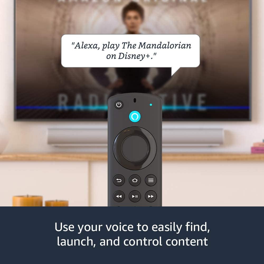 The Alexa Voice Remote with a command for Alexa to play The Mandalorian on Disney+