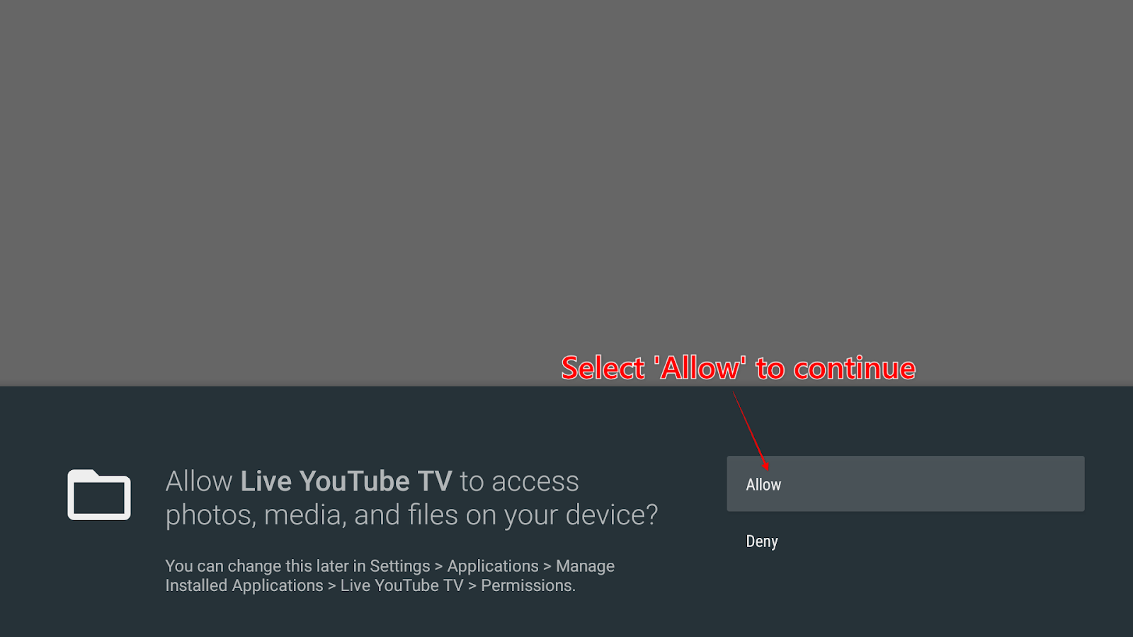 The Allow button being highlighted in the Live YouTube TV permission dialog screen