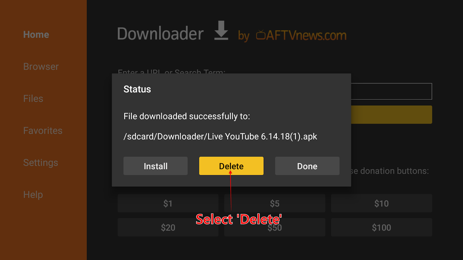 The Delete button highlighted for selection in the Downloader Status dialog box