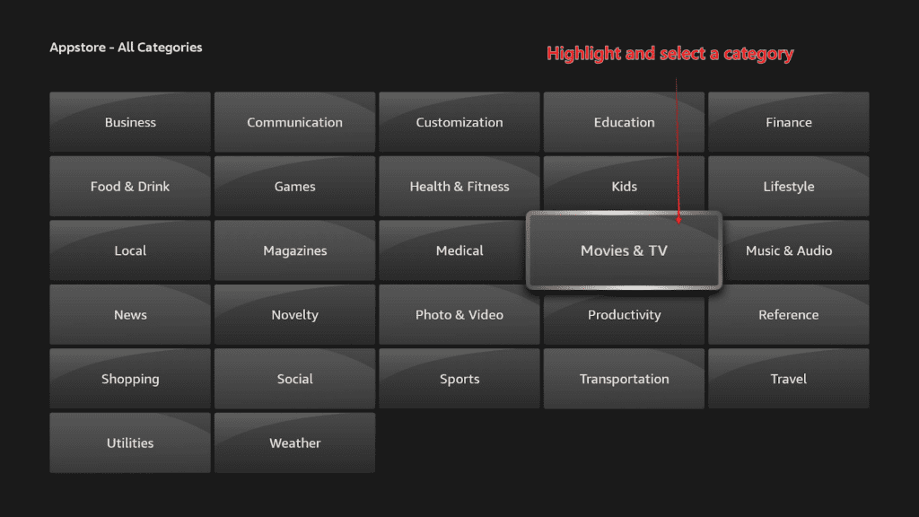 The Movies & TV tile highlighted in the All Categories tile menu of the App Store