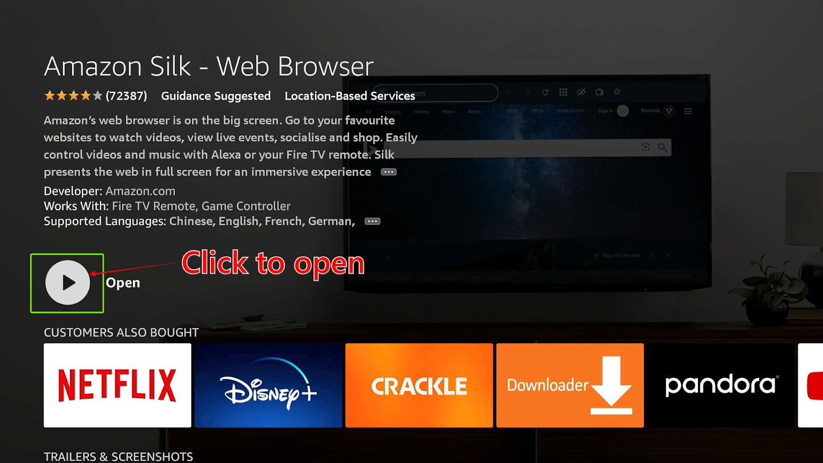 The Open icon for Amazon Silk Web Browser highlighted