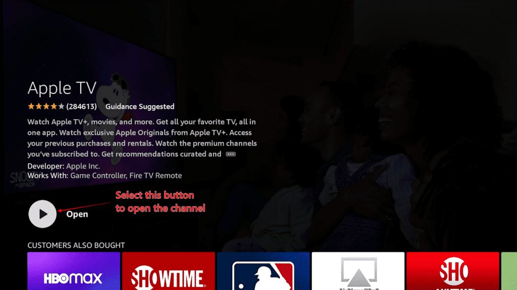 The Open icon for downloaded Apple TV highlighted on Amazon App Store