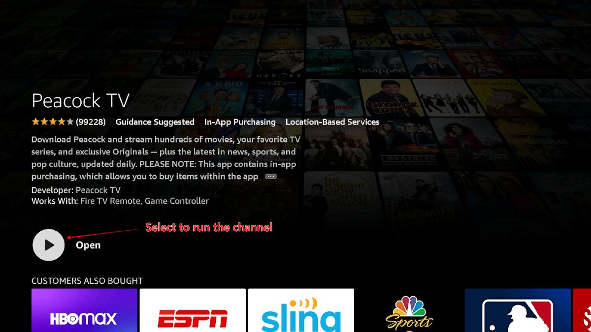 The Open icon for downloaded Peacock TV highlighted on Amazon App Store