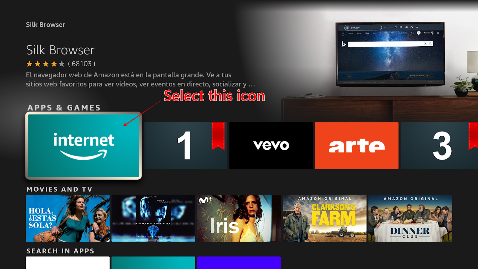 The Silk Browser app - indicated by the word ‘internet’ and Amazon’s curved arrow below the word - to be selected from the search tile menu under the Apps & Games category