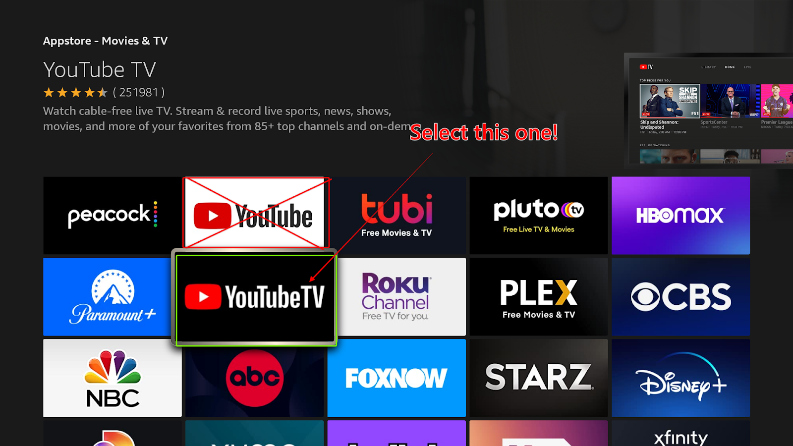 The YouTube TV app with black background highlighted in the Movies & TV tile menu of the App Store - not to be mistaken with the YouTube app with white background