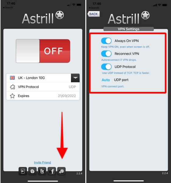 The lower side of Astrill app has social media buttons and a settings button highlighted