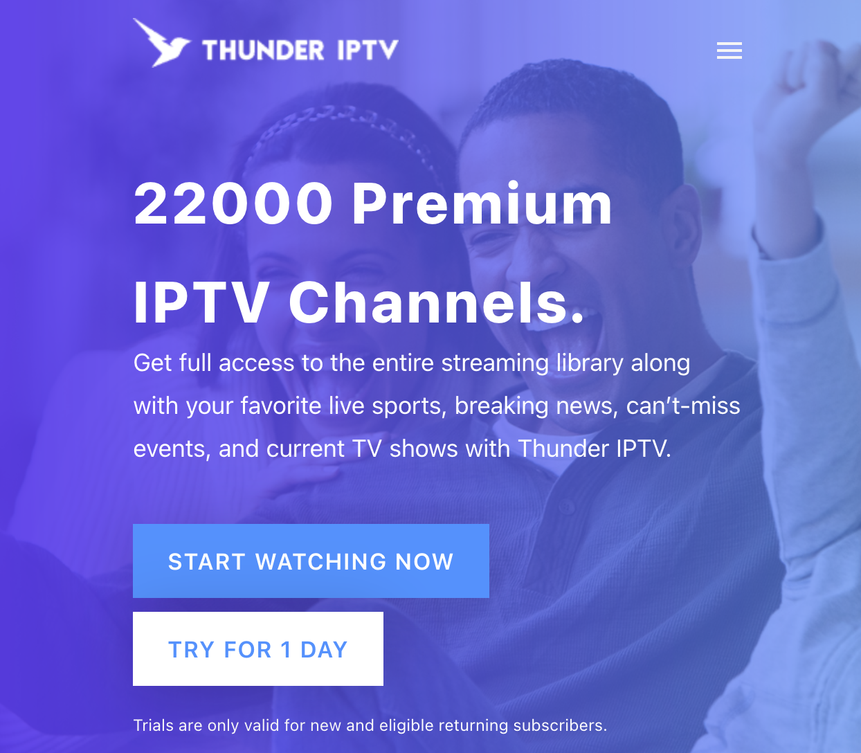 Thunder TV home screen featuring 22000 premium IPTV channels and a 1-day trial option