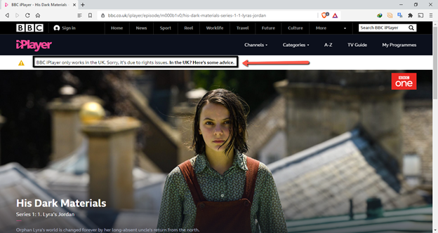 A screenshot of the message on BBC iPlayer's website for geoblocked users saying the service only works for UK users due to rights issues