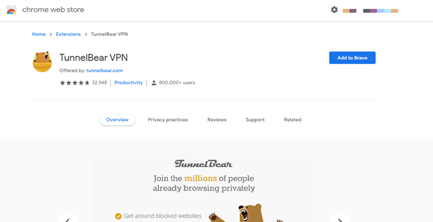 A screenshot of Tunnelbear Chrome extension on the Web Store