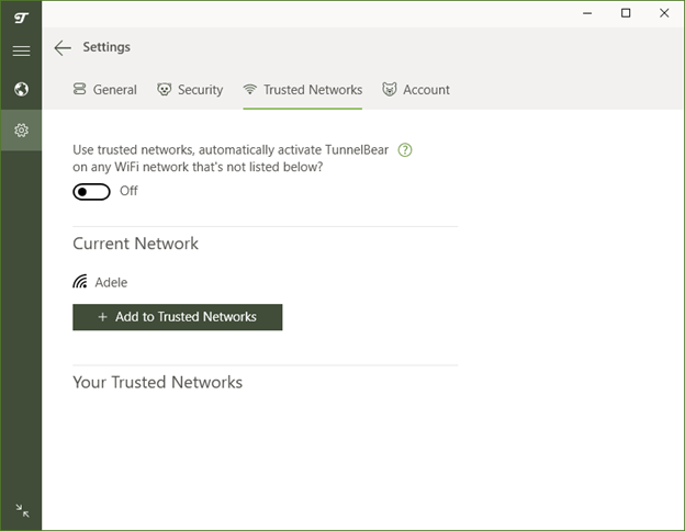 Tunnelbear’s Trusted Networks menu showing an off-off toggle button, Current Network and an option to Add Trusted Network