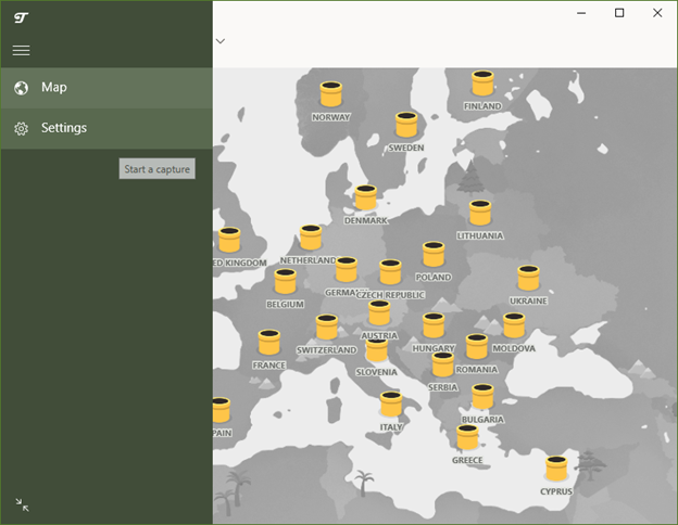 A screenshot of Tunnelbear’s Windows interface showing Map and Settings on its left nav menu and honey pot icons to indicate their server locations