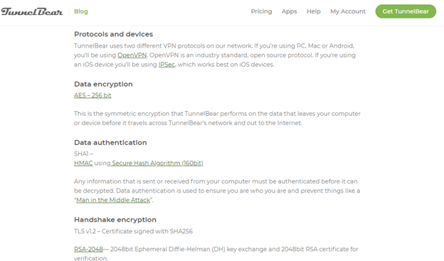 Tunnelbear’s list of protocols and devices detailing their data encryption, data authentication and handshake encryption