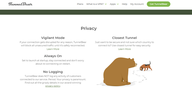 A screenshot of Tunnelbear’s privacy claims on their website: Vigilant Mode, Always On, No Logging and Closest Tunnel