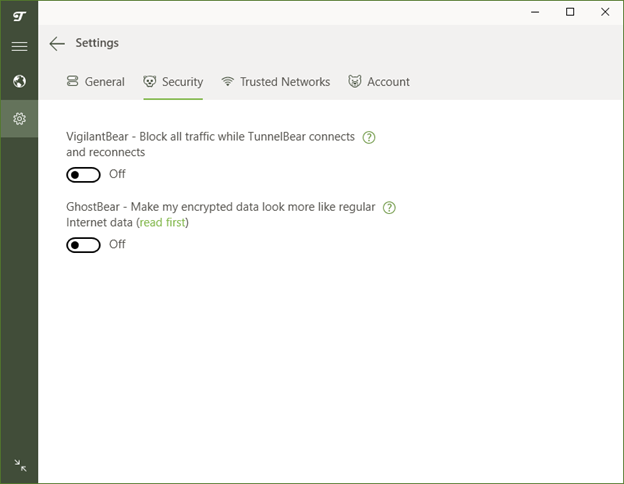 Tunnelbear’s Security menu showing on-off toggle buttons for VigilantBear and Ghostbear