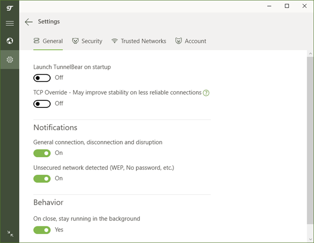 Tunnelbear's Settings menu showing On-Off toggle buttons for startup launch, TCP override and notifications options