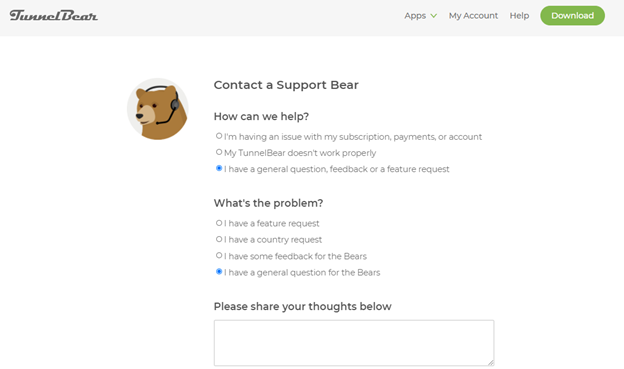 A screenshot of Tunnelbear’s customer support page