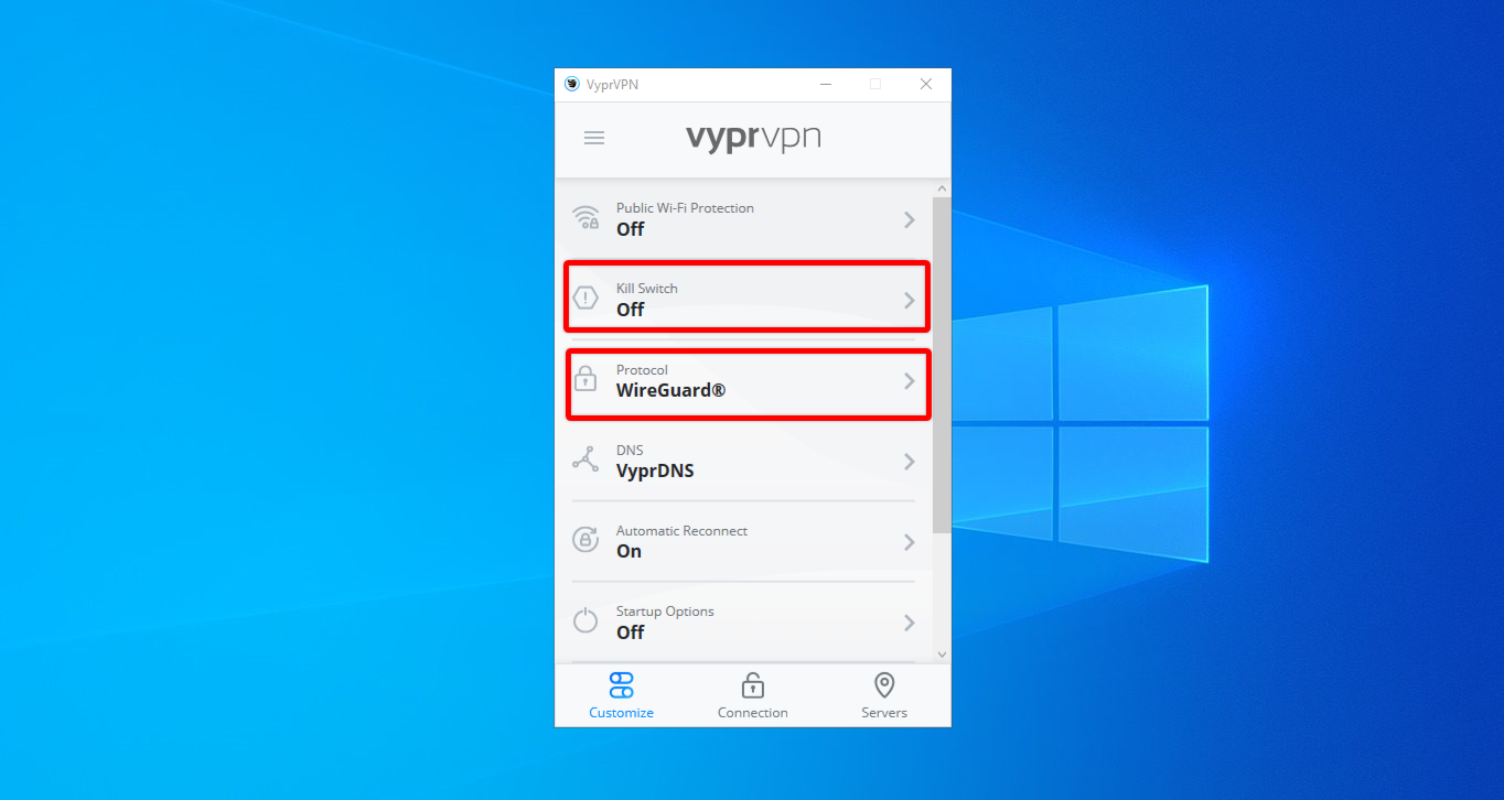 VyprVPN App for Windows allows you to customize your connection