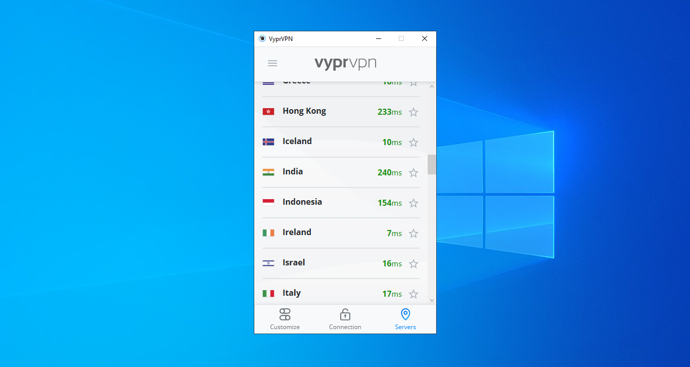 VyprVPN App for Windows server section