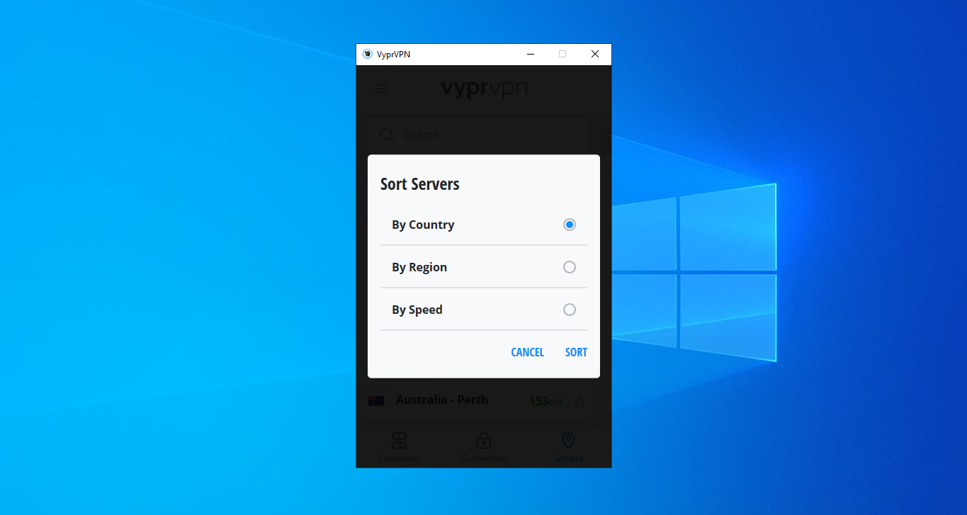 VyprVPN App for Windows showing Sorted By label