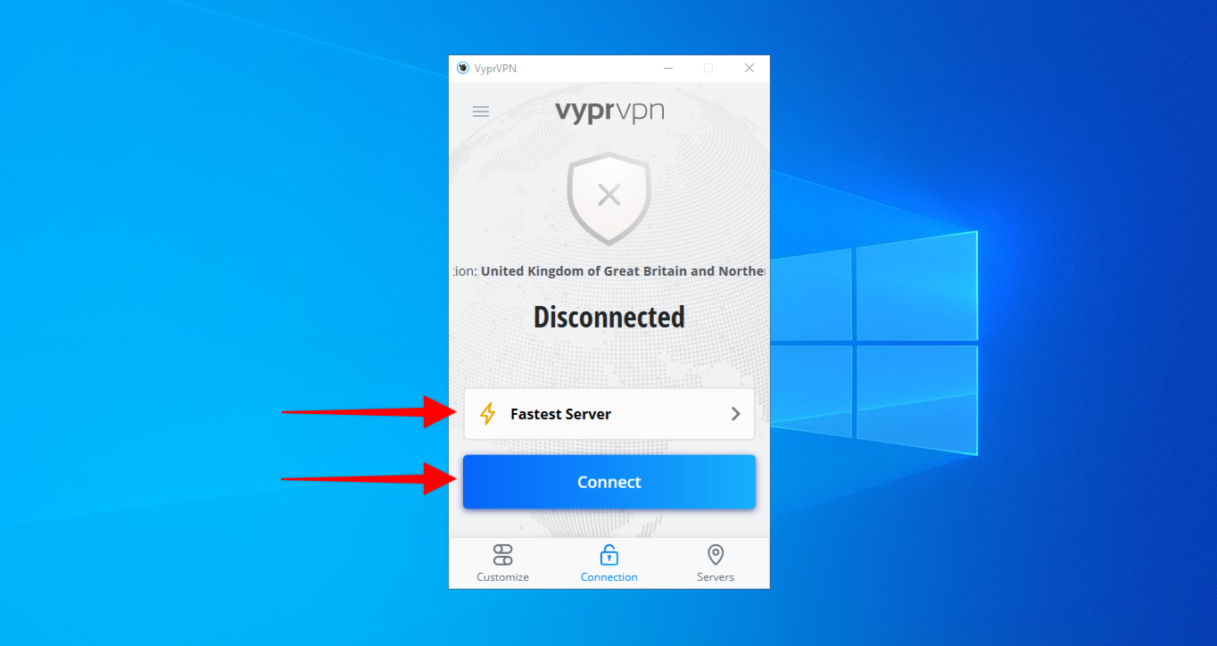 VyprVPN App for Windows highlighting 'Connect' buttong and Fatest Server functionality