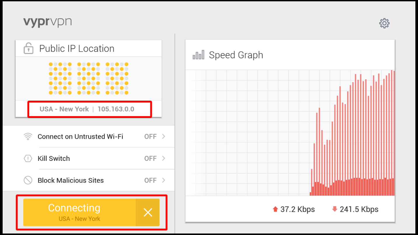 VyprVPN app for Firestick on the Amazon store hightlighting Connect button and Public IP Location