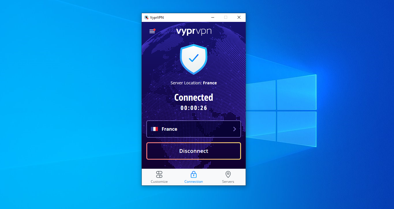 VyprVPN app showing connection status, server location, and connection duration