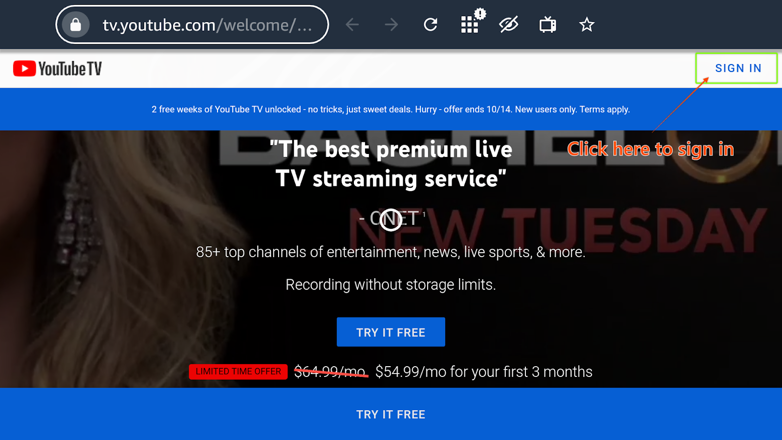 YouTube TV’s home screen on Amazon Silk Web Browser showing a limited time offer and the Sign In button on the top right being highlighted