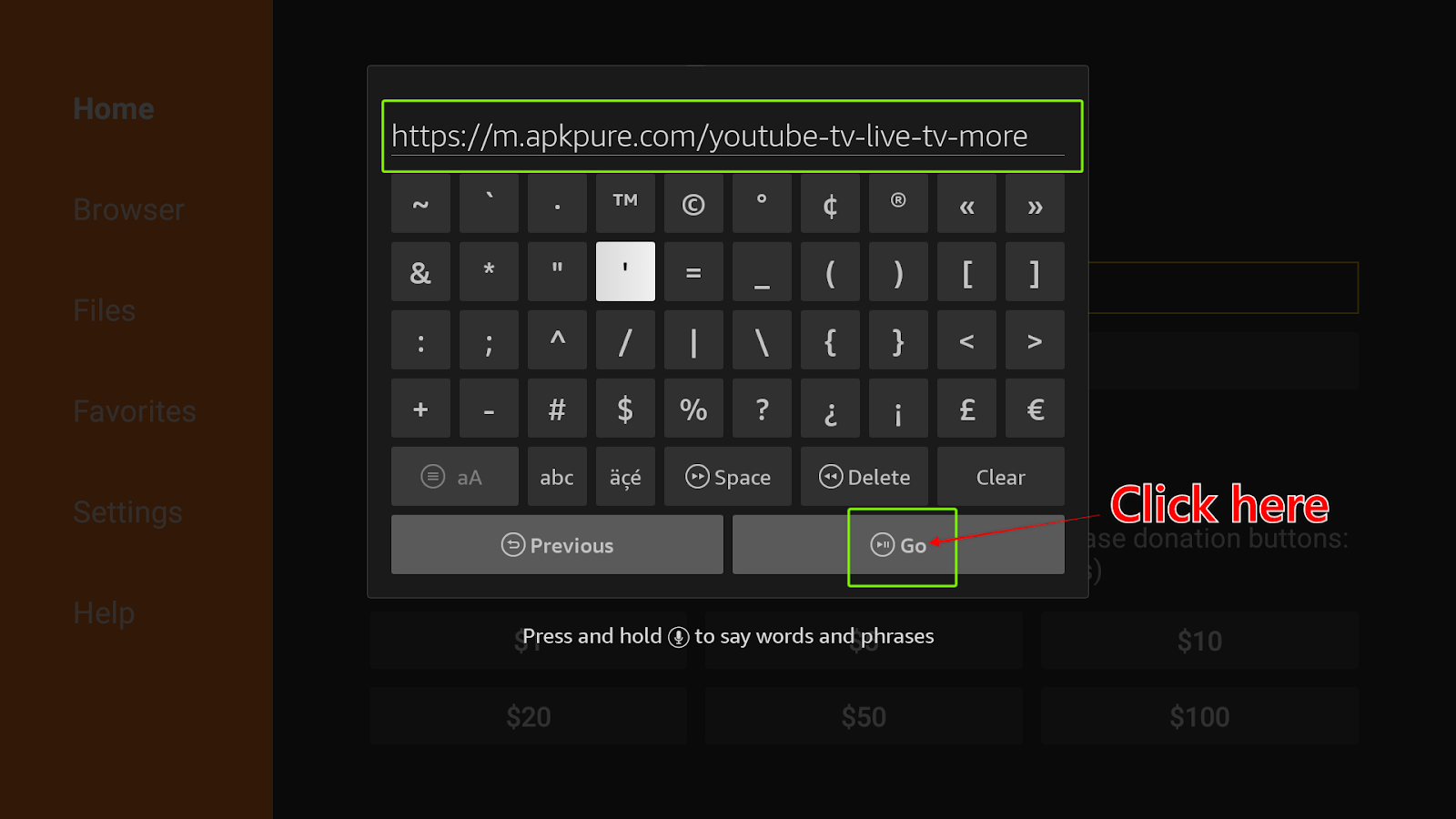 YouTube TV’s repository link in the Downloader search box and the Go button highlighted to be clicked