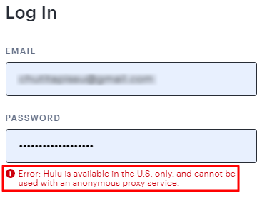 A failed login to Hulu using Windscribe VPN due to geoblocking restrictions