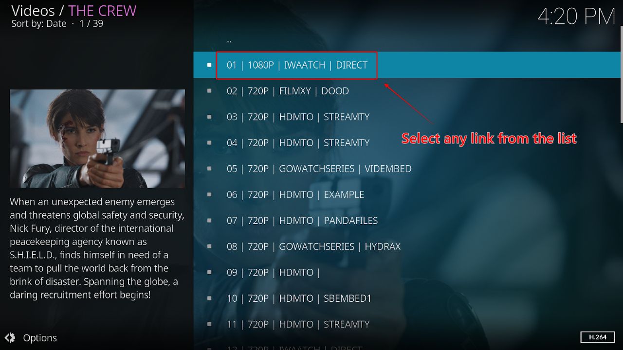 A list of options based on video resolutions for the movie The Avengers in The Crew Kodi Addon search menu