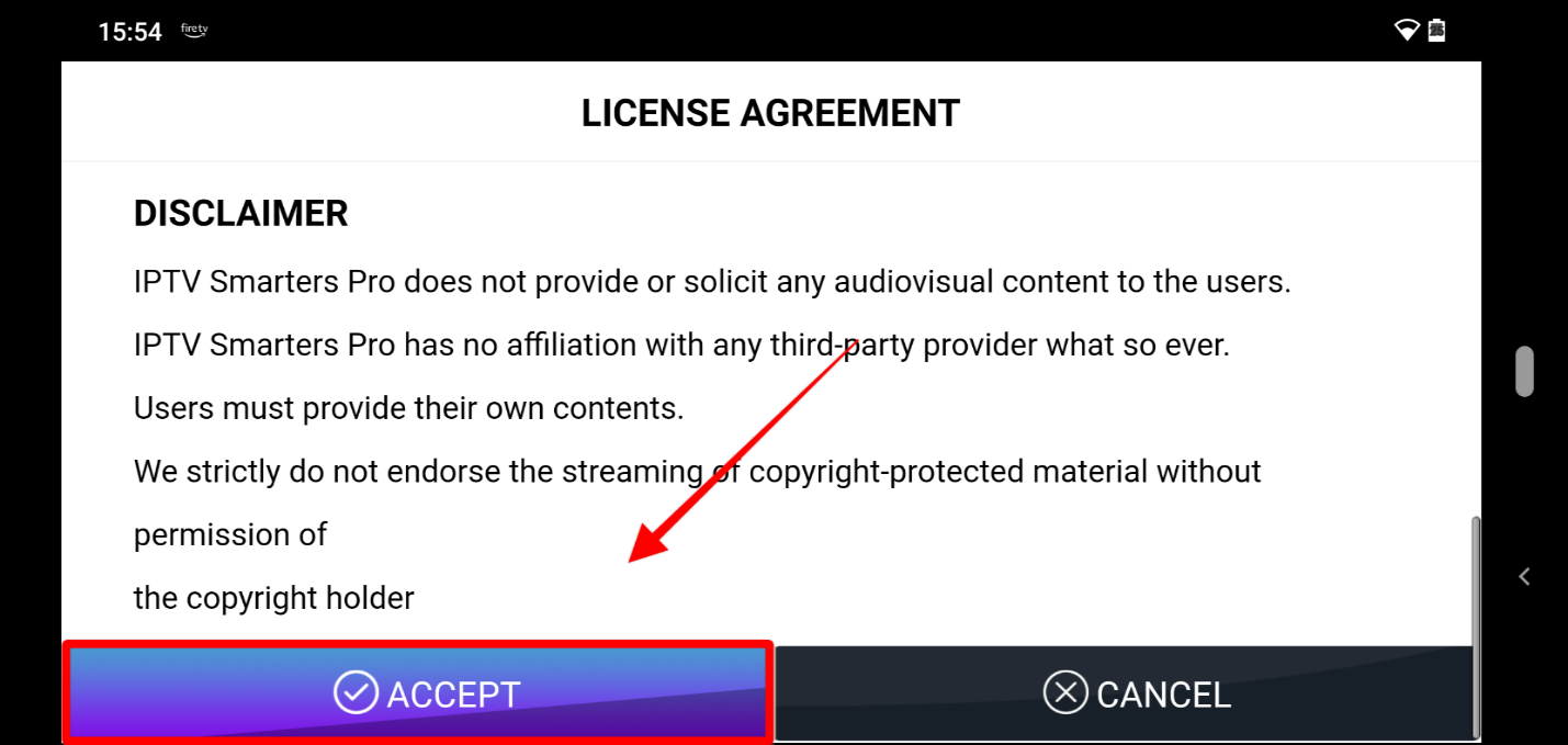 A screenshot of IPTV Smarters Pro License Agreement and the Accept button highlighted