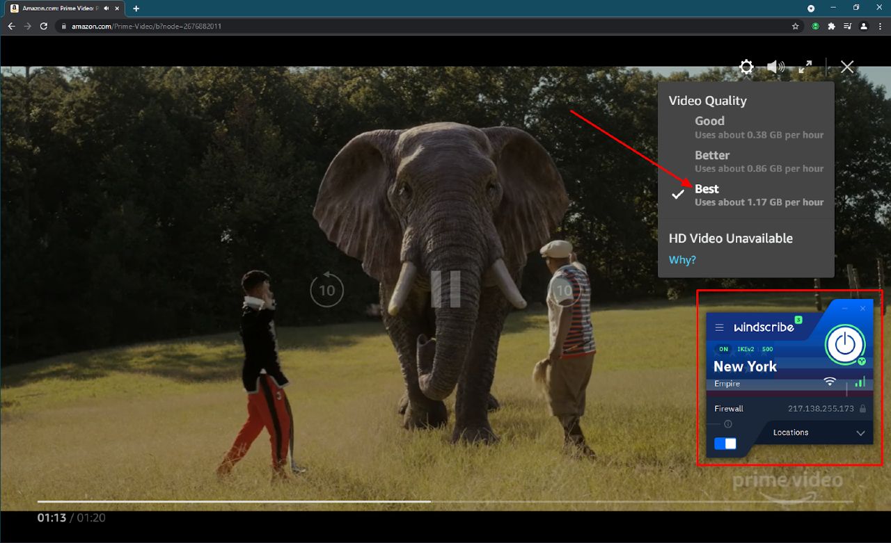 A screenshot of streaming a movie on Amazon Prime video showing it on Best Video Quality while using Windscribe VPN